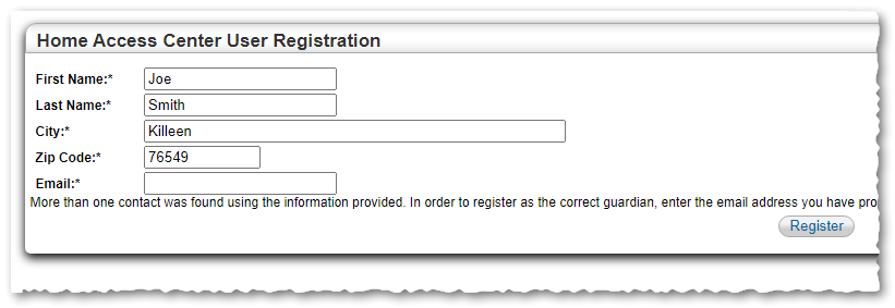 HAC Registration Panel with Email Field